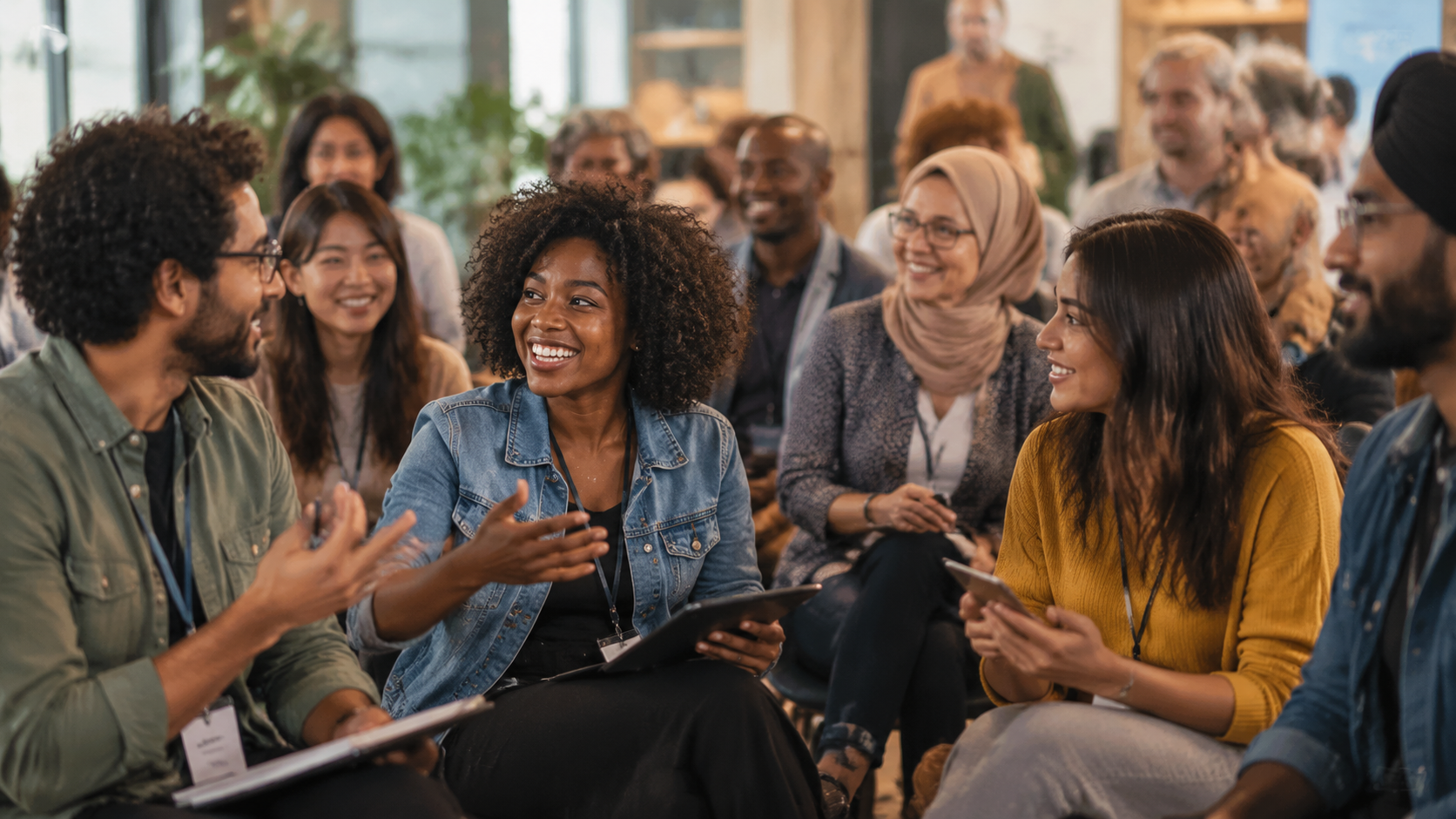 Diverse group of people connecting and listening together